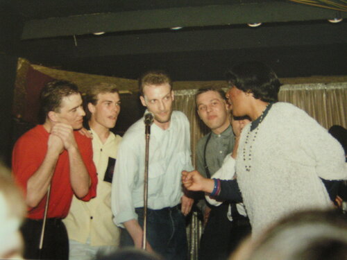 keb, unknown, rob, pete & lorraine chandler at totw mid 80's