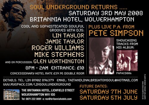 soul underground saturday 3rd may britannia hotel wolverhamp