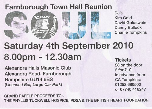 farnborough town hall soul reunion saturday 4th september 2010 8 til late advance tickets now available