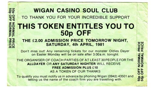 wigan casino 50p off voucher from 1981