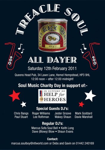 treacle soul cahrity alldayer 12th feb for help for heroes , h/h@queens head pub