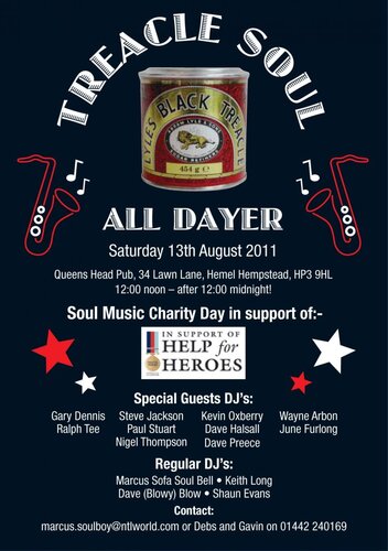 treacle soul alldayer sat 13th august @queens head, hemel hempstead- charity for help for heroes
