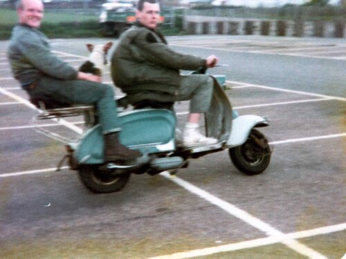 me & roy parkinson on my 3 seater lambretta